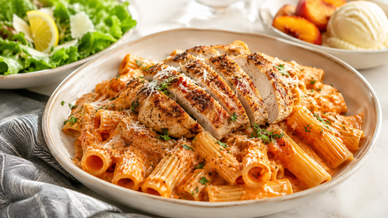 Mrs. Clay’s Roasted Pepper Parmesan Rigatoni Dinner with Lemon-Parmesan Salad & Brown-Butter Peaches