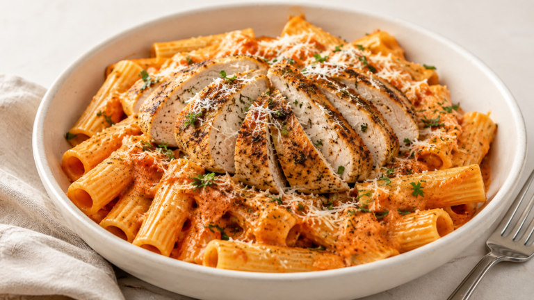 Mrs. Clay’s Roasted Pepper Parmesan Rigatoni with Seared Chicken