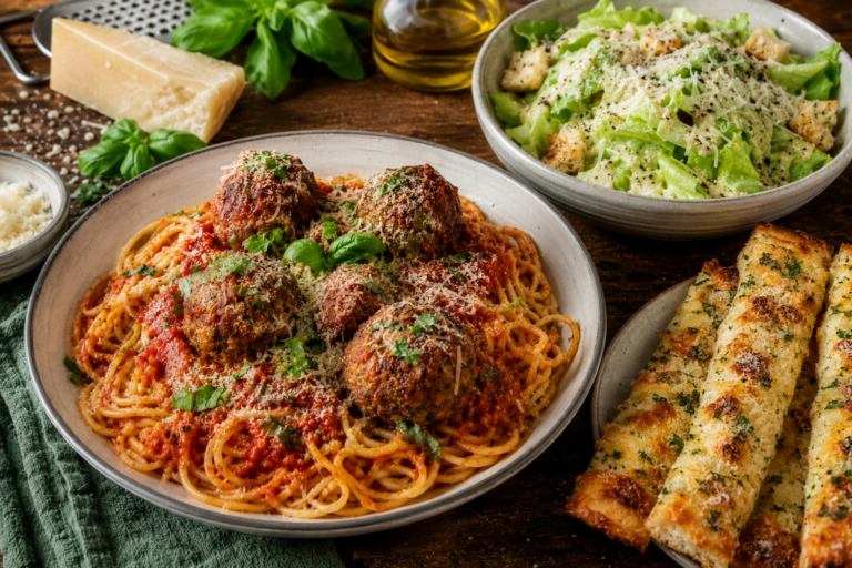 Mrs. Clay’s Spaghetti & Meatballs Dinner with Cheesy Garlic Parmesan Breadsticks & Parmesan Iceberg Salad