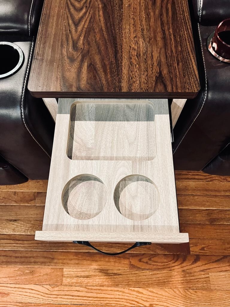 Open end-table drawer containing the removable drink and accessory holder